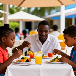 Caribbean Holidays, Guadeloupe Family Holidays, Family enjoying colourful Creole food at an outdoor restaurant in Guadeloupe