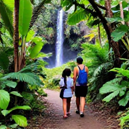 Caribbean Holidays, Guadeloupe Family Holidays, Family exploring a green rainforest trail in Guadeloupe with a small waterfall and tropical plants