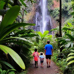 Caribbean Holidays, Guadeloupe Family Holidays, Family exploring a lush Guadeloupe rainforest trail beside a waterfall, tropical plants and a safe walking path