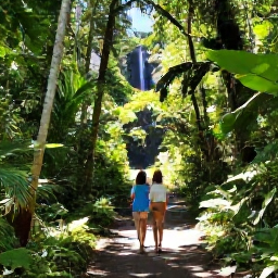 Caribbean Holidays, Guadeloupe Family Holidays, Family exploring a lush tropical rainforest and waterfall in Guadeloupe, safe scenic path, August sunshine