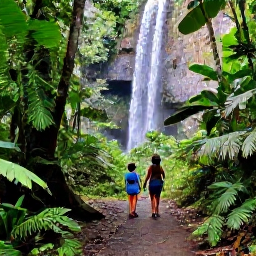 Caribbean Holidays, Guadeloupe Family Holidays, Family exploring a lush tropical rainforest path beside a waterfall in Basse-Terre, Guadeloupe