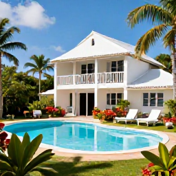Caribbean Holidays, Guadeloupe Family Holidays, Family in a comfortable Guadeloupe holiday apartment beside a pool, sunny August afternoon and tropical gardens