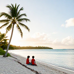 Caribbean Holidays, Guadeloupe Family Holidays, Family relaxing on a beautiful Guadeloupe beach with calm turquoise water, palm trees and gentle sunshine