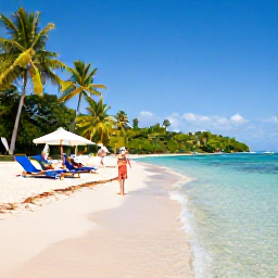 Caribbean Holidays, Guadeloupe Family Holidays, Family relaxing on a sandy beach in Sainte-Anne, Guadeloupe, with shallow clear water, sun loungers and tropical scenery