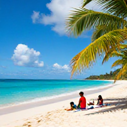 Caribbean Holidays, Guadeloupe Family Holidays, Family relaxing on a sunny Guadeloupe beach in January, calm turquoise sea, palm trees and soft golden sand