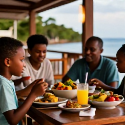 Caribbean Holidays, Guadeloupe Family Holidays, Family sharing a relaxed meal at an outdoor restaurant in Guadeloupe, colourful Creole dishes and warm evening light