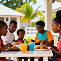 Caribbean Holidays, Guadeloupe Family Holidays, Family sharing colourful Creole food at an outdoor restaurant in Guadeloupe