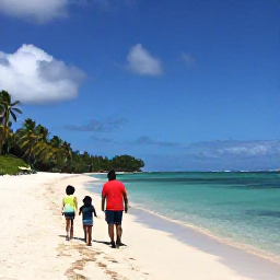 Caribbean Holidays, Guadeloupe Family Holidays, Family walking along a bright sandy beach in Guadeloupe with calm turquoise water and palm trees
