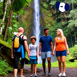 Caribbean Holidays, Guadeloupe Family Holidays, Family walking through lush Guadeloupe rainforest beside a waterfall in Guadeloupe National Park
