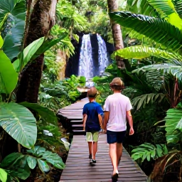 Caribbean Holidays, Guadeloupe Family Holidays, Family walking through lush Guadeloupe rainforest near a waterfall, tropical plants, wooden trail and bright daylight