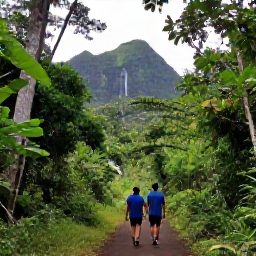 Caribbean Holidays, Guadeloupe Family Holidays, Family walking through lush tropical rainforest in Guadeloupe National Park near a waterfall, with an easy trail and volcanic mountains