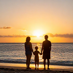 Caribbean Holidays, Guadeloupe Family Holidays, Family watching a golden sunset over the Caribbean Sea from a Guadeloupe beach