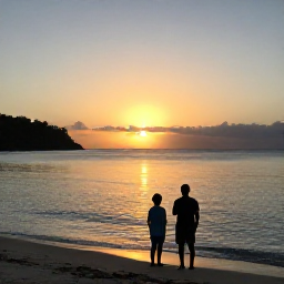 Caribbean Holidays, Guadeloupe Family Holidays, Family watching the sunset from a Guadeloupe beach with calm sea and warm evening light