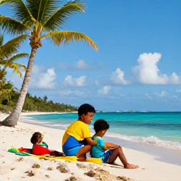 Caribbean Holidays, Guadeloupe Family Holidays, Happy family relaxing on a sandy Guadeloupe beach in warm March sunshine, turquoise sea and palm trees