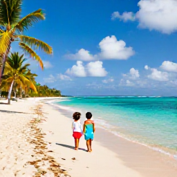 Caribbean Holidays, Guadeloupe Family Holidays, Happy family relaxing on a sunny Guadeloupe beach in August, turquoise Caribbean water, soft sand and palm trees