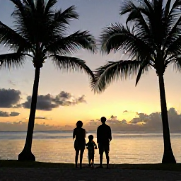 Caribbean Holidays, Guadeloupe Family Holidays, Happy family watching a colourful sunset over the Guadeloupe coast, palm silhouettes, calm sea and warm evening light