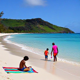 Caribbean Holidays, Guadeloupe Family Holidays, Parents and children playing safely in shallow clear water on a Guadeloupe beach, colourful beach towels and green hills in the background