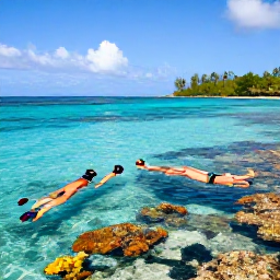 Caribbean Holidays, Guadeloupe February, A couple snorkelling in clear turquoise water above a colourful reef off the coast of Guadeloupe
