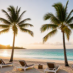 Caribbean Holidays, Guadeloupe February, A quiet adults-only beachfront resort in Guadeloupe at sunrise, with palm trees, loungers and turquoise Caribbean water