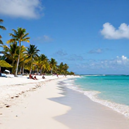 Caribbean Holidays, Guadeloupe February, A sunny Guadeloupe beach in February with turquoise water, white sand, palm trees and a few relaxed visitors