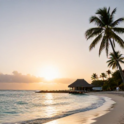 Caribbean Holidays, Guadeloupe February, A tranquil Guadeloupe beach at sunset with palm trees, calm turquoise water and a small holiday hotel nearby