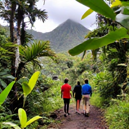 Caribbean Holidays, Guadeloupe February, Adults exploring a lush rainforest trail near a waterfall in Basse-Terre, Guadeloupe, with tropical plants and volcanic mountains