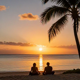 Caribbean Holidays, Guadeloupe February, Couple relaxing on a Guadeloupe beach at sunset with calm Caribbean sea, golden light and palm silhouettes