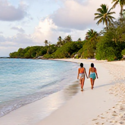 Caribbean Holidays, Guadeloupe February, Couple walking along a secluded white-sand beach in Guadeloupe, with clear water, lush vegetation and soft afternoon light