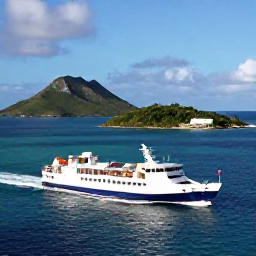 Caribbean Holidays, Guadeloupe February, Elegant Caribbean ferry leaving Guadeloupe harbour with green islands and blue sea in the background