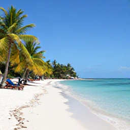 Caribbean Holidays, Guadeloupe February, Grande-Terre beach in Guadeloupe with calm clear water, soft white sand, sun loungers and green palm trees