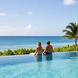 Caribbean Holidays, Guadeloupe February, Happy couple relaxing beside an infinity pool at a peaceful adults-only resort in Guadeloupe, overlooking the Caribbean Sea