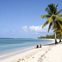 Caribbean Holidays, Guadeloupe February Holidays, A beautiful Guadeloupe beach with calm turquoise water, white sand, palm trees and a couple relaxing in the sunshine