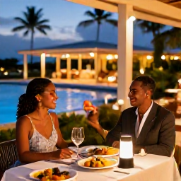Caribbean Holidays, Guadeloupe February Holidays, A couple dining outdoors at an elegant Guadeloupe resort restaurant with Caribbean food and a warm evening atmosphere