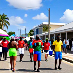Caribbean Holidays, Guadeloupe February Holidays, A family exploring a colourful Guadeloupe carnival parade with musicians, costumes and decorated streets in bright February sunshine