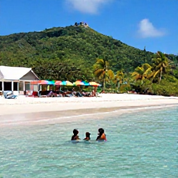 Caribbean Holidays, Guadeloupe February Holidays, A family swimming and relaxing on a sheltered Guadeloupe beach with clear shallow water, colourful umbrellas and lush green hills