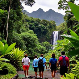 Caribbean Holidays, Guadeloupe February Holidays, A family walking through lush Guadeloupe rainforest towards a waterfall, with tropical plants, a clear pool and volcanic mountains in the background
