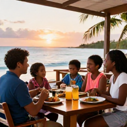Caribbean Holidays, Guadeloupe February Holidays, A happy family dining outdoors at a relaxed Guadeloupe restaurant at sunset, with Creole food and a warm tropical atmosphere