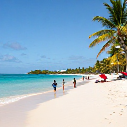 Caribbean Holidays, Guadeloupe February Holidays, A sunny Guadeloupe beach with calm turquoise water, soft sand, palm trees and a family enjoying a relaxed February holiday