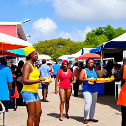 Caribbean Holidays, Guadeloupe February Holidays, Friendly Guadeloupe locals and visitors enjoying Carnival costumes and street food near a colourful market