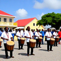 Caribbean Holidays, Guadeloupe February Holidays, Guadeloupean Carnival musicians playing drums and traditional percussion in a sunny town square
