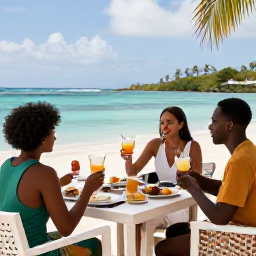 Caribbean Holidays, Guadeloupe February Holidays, Guests enjoying a relaxed beachfront breakfast and drinks at a stylish Guadeloupe all-inclusive resort