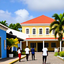Caribbean Holidays, Guadeloupe February Holidays, Visitors exploring a historic Guadeloupe town after Carnival, with colourful buildings, tropical plants and a relaxed Caribbean atmosphere