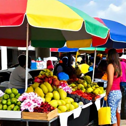 Caribbean Holidays, Guadeloupe February, Open-air market in Pointe-&agrave;-Pitre, Guadeloupe, displaying tropical fruit, spices, flowers and local produce under colourful umbrellas