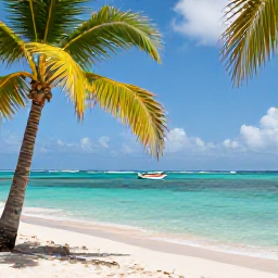 Caribbean Holidays, Guadeloupe February, Palm-fringed Guadeloupe beach with clear turquoise water, a small boat and bright February sunshine