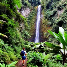 Caribbean Holidays, Guadeloupe February, Rainforest waterfall and lush green mountain scenery in Basse-Terre, Guadeloupe, with a visitor walking along a trail