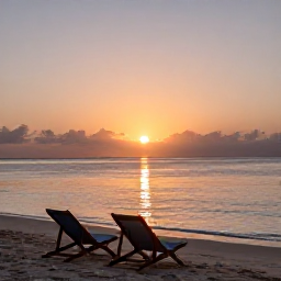 Caribbean Holidays, Guadeloupe February, Relaxed Caribbean sunset over a quiet Guadeloupe beach, with two deckchairs and calm sea