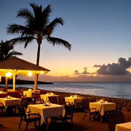 Caribbean Holidays, Guadeloupe February, Relaxed evening scene on a Guadeloupe waterfront with outdoor dining, warm lights, palm trees and the Caribbean sea at sunset