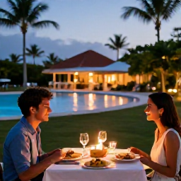Caribbean Holidays, Guadeloupe February, Romantic outdoor dinner for two at an adults-only Guadeloupe resort, with local dishes, candlelight and a tropical evening setting
