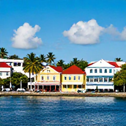 Caribbean Holidays, Guadeloupe February, Sunny waterfront in Pointe-&agrave;-Pitre, Guadeloupe, with colourful colonial buildings, palm trees and visitors exploring the city in February