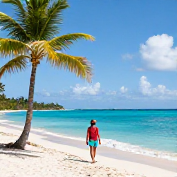 Caribbean Holidays, Guadeloupe February, Traveller walking beside the blue Caribbean Sea near Le Gosier, Guadeloupe, with a sandy beach, palm trees and bright February sunshine